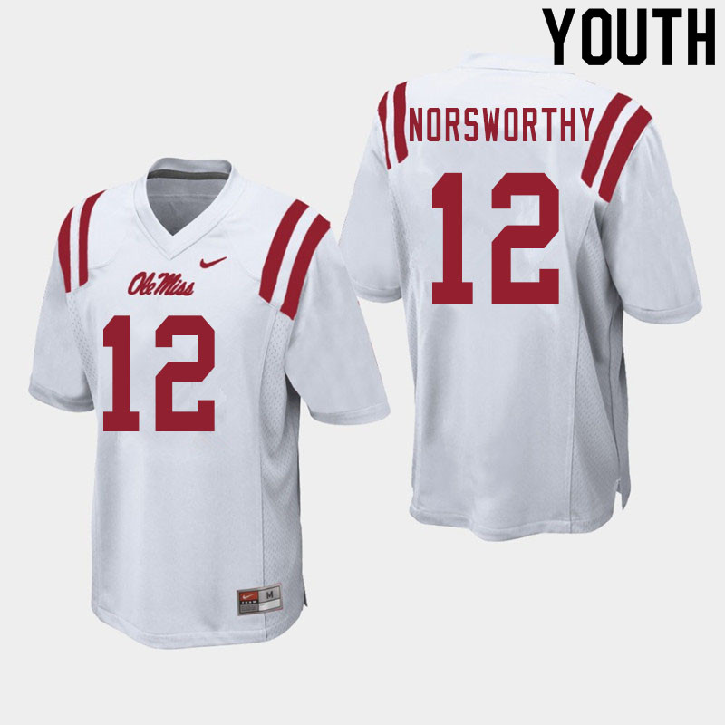 Youth #12 Adam Norsworthy Ole Miss Rebels College Football Jerseys Sale-White